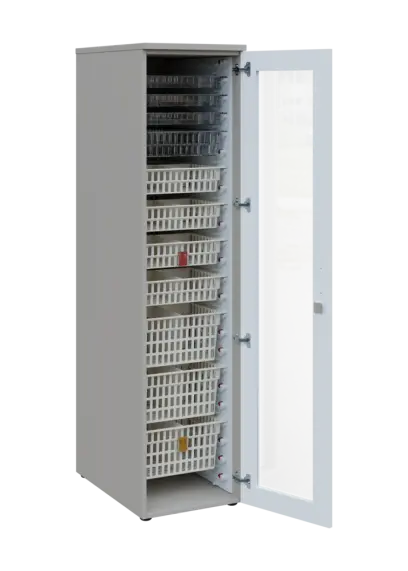 EUROMEDICA S - 46 skříň léková boxová, 1-dveřová/prosklená, pravá, 1950x460x735, korpus šedý, dvířka bílá